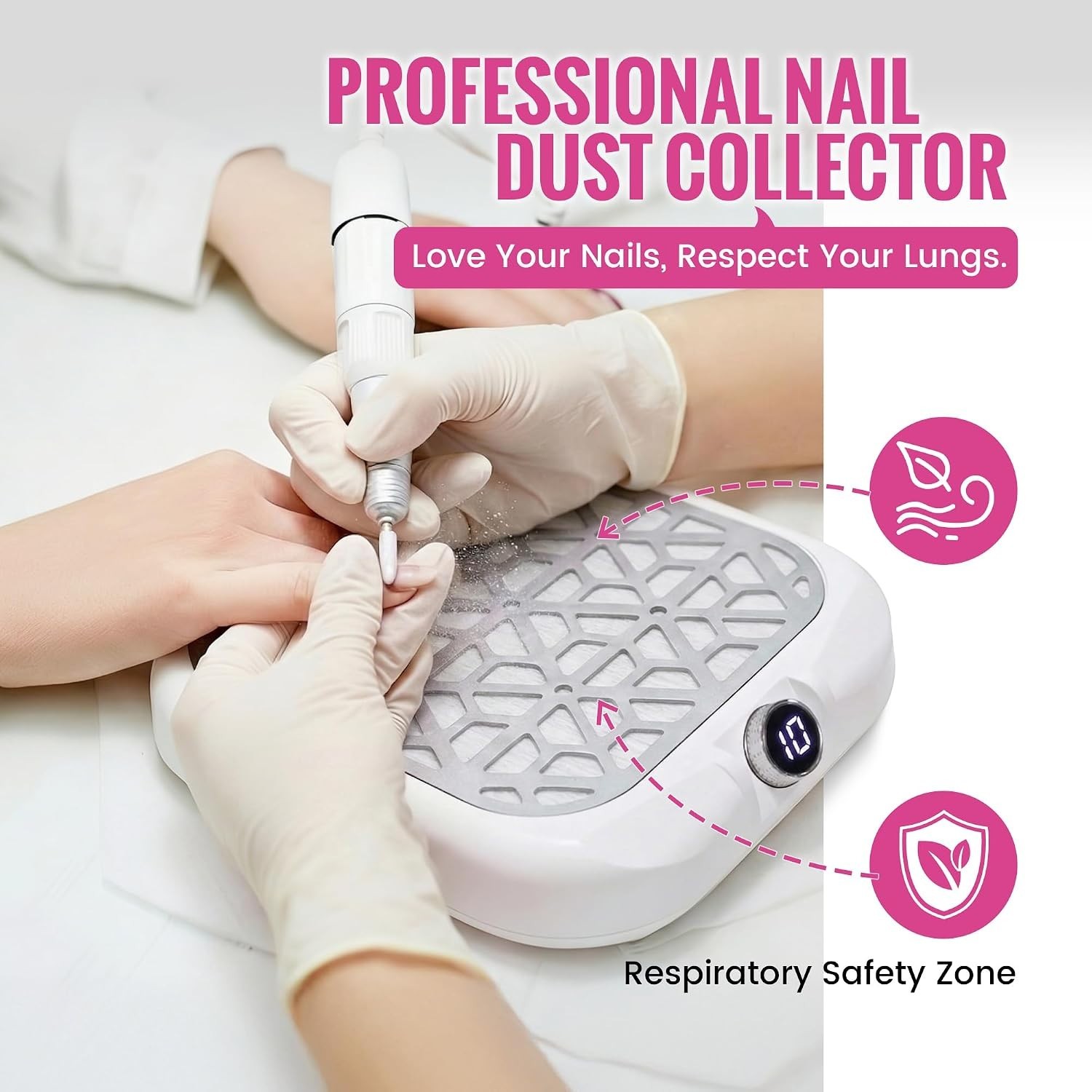 White Acrylic Nail Dust Collector with Digital Control & Whisper-Quiet Operation