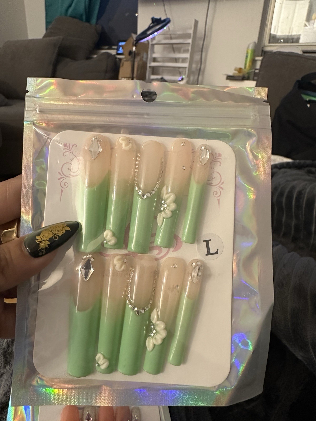 Press-On Nails Long Square 3D Flower Green Nude White Shiny Full Cover