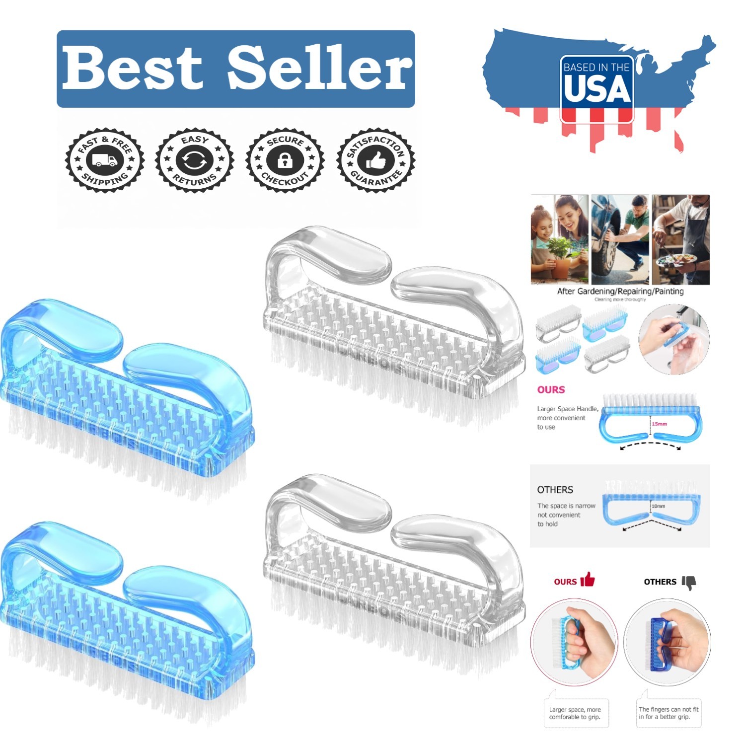 4 Pack Fingernail & Toenail Brush Kit with Practical Grip – Travel Friendly