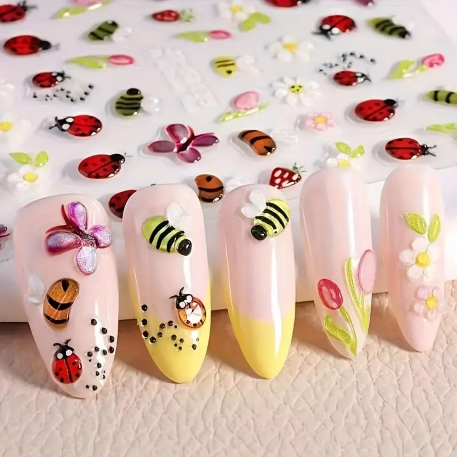5D Cute Bee Floral Nail Stickers-3D Self Adhesive Cartoon Ladybug Butterfly S…