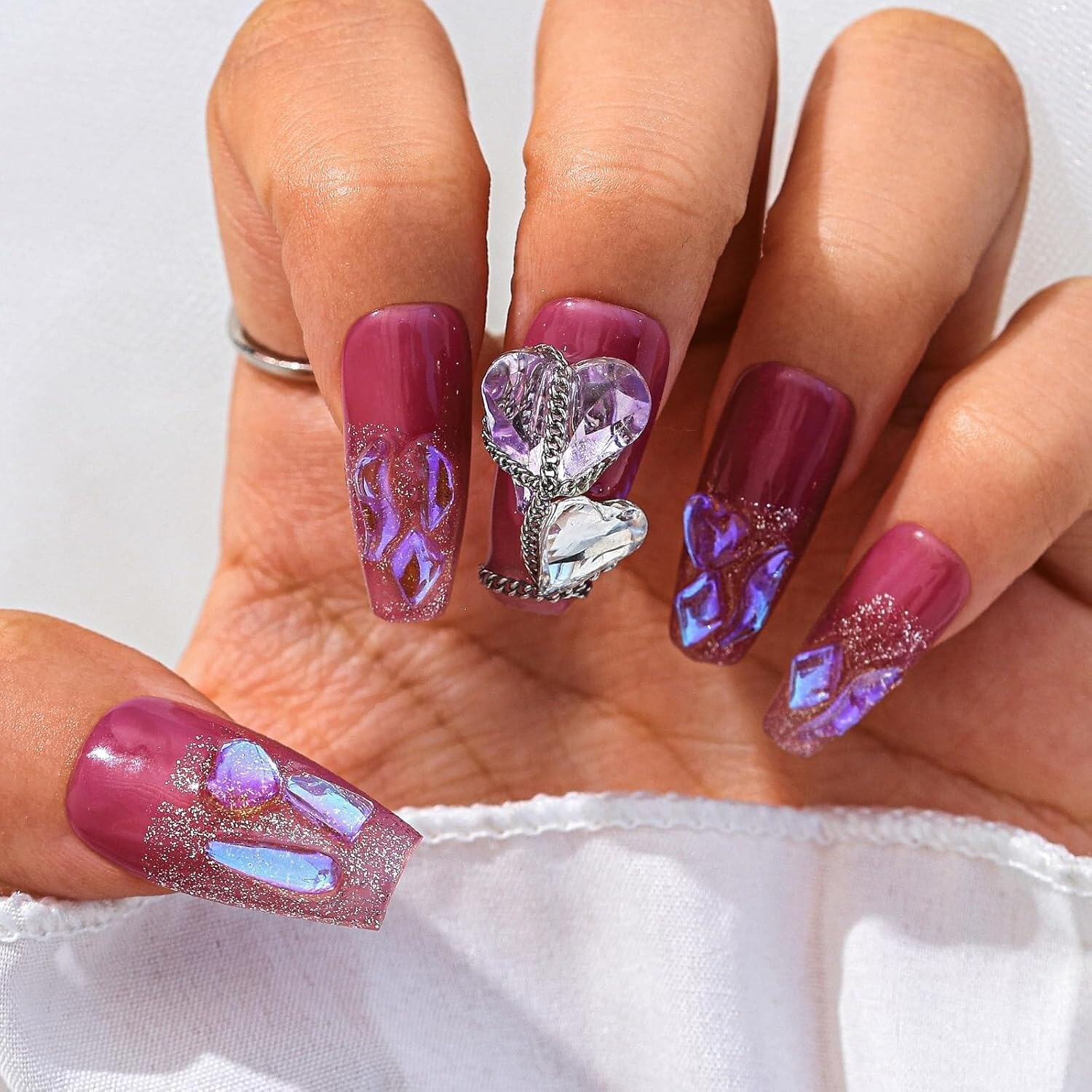 10 Piece 3D Reusable Handmade Press On Nails Purple Love