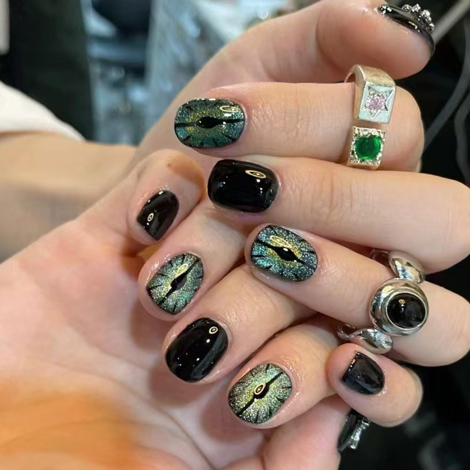 Black Press on Nails Short Round Green Eyes Short Fake Nails With Glue Full C…