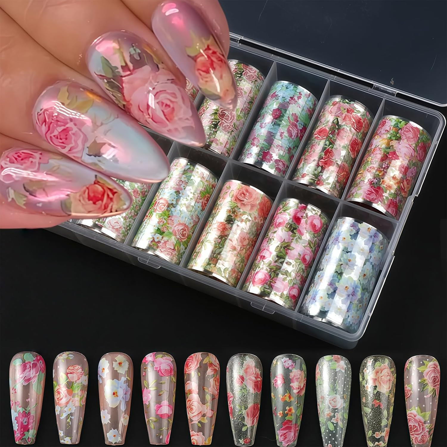 10 Rolls Flower Nail Art Foil Transfer Stickers Vintage Rose Floral Nail Foil Sh