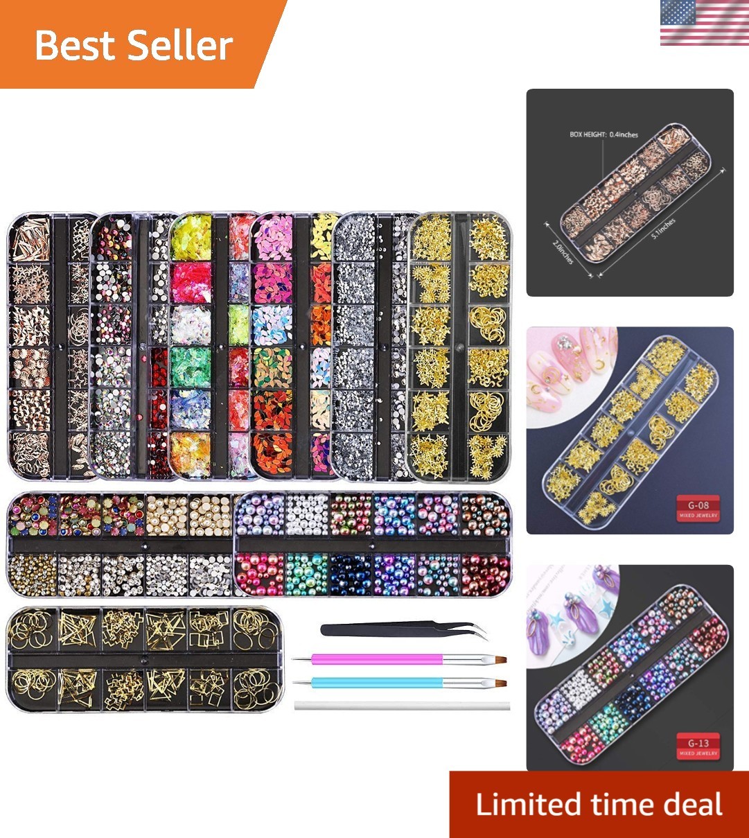 9-Box Nail Rhinestones Kit with Tweezers & Pens – Luxury Nail Art Essentials
