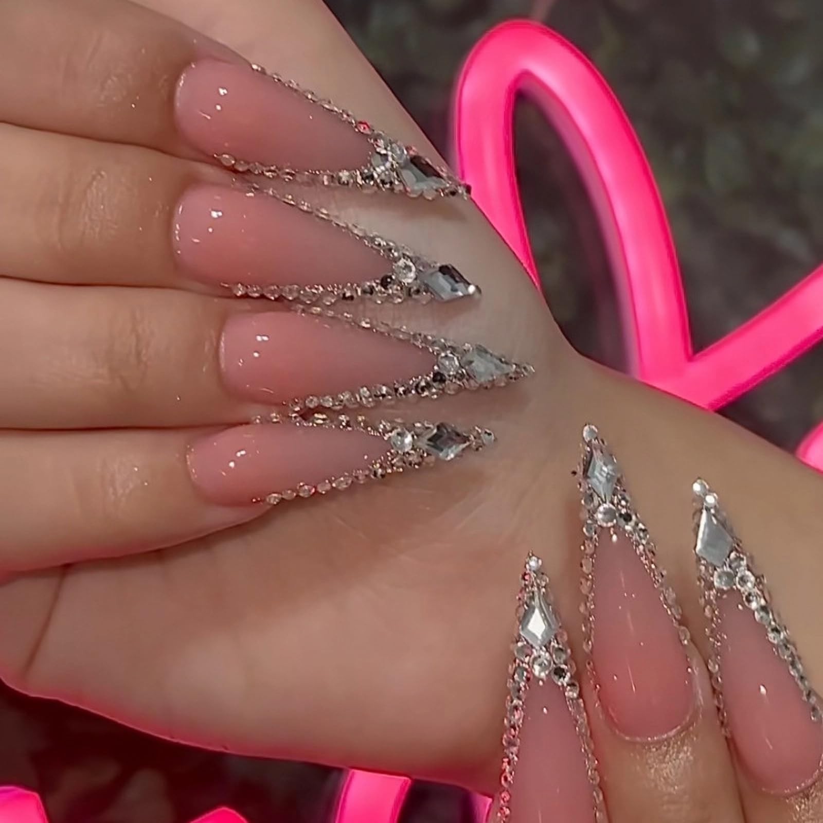 Press on Nails – Long Stiletto Glue on Nails with Bling Glitter, Acrylic Luxu…