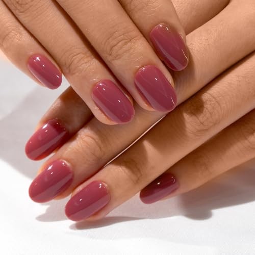 Soft Gel Oval Press on Nails Short, Fake Nails with Design Red Purple rose