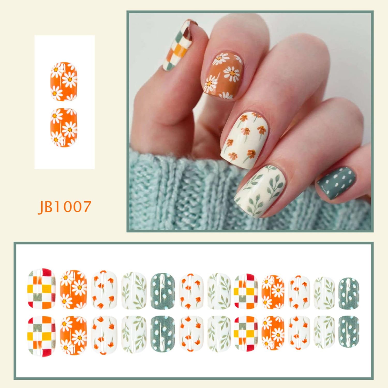 Square Press On Nails Fake Nails Flower Leaf With Plaid Flower CTH40 Short