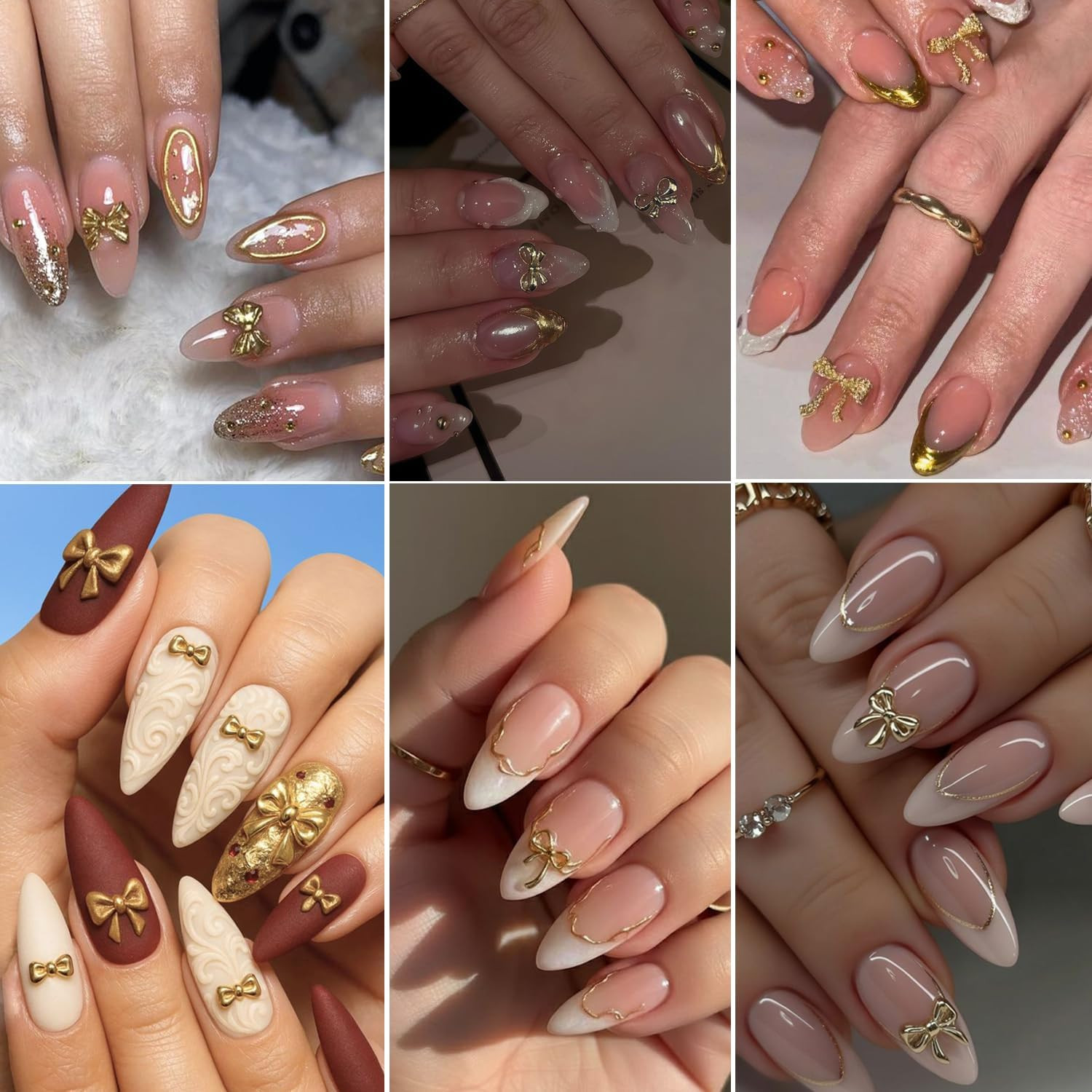 12Grids Gold Bow Nail Charms 3D Metal Bow Nail Art Charms Cute Bow Knot Nail Rhi