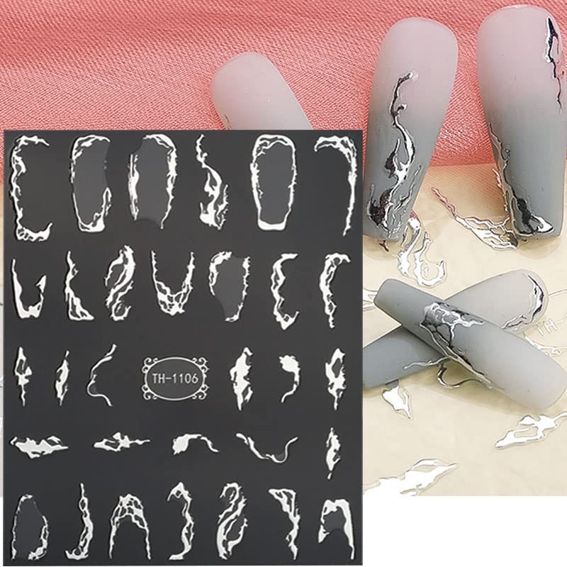 Metallic Silver Lines Nail Stickers – 6 Sheets, 3D Wave Lines, Irregular