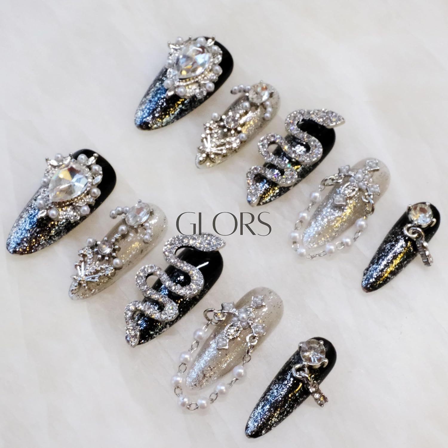GLORS Luxury Long Almond Press-On Nails, Black/Silver Glitter, 10 Pcs