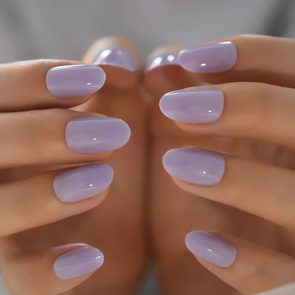 24 Short Oval Press on nails kit w Glue Light Purple Pastel Lavender Kawaii