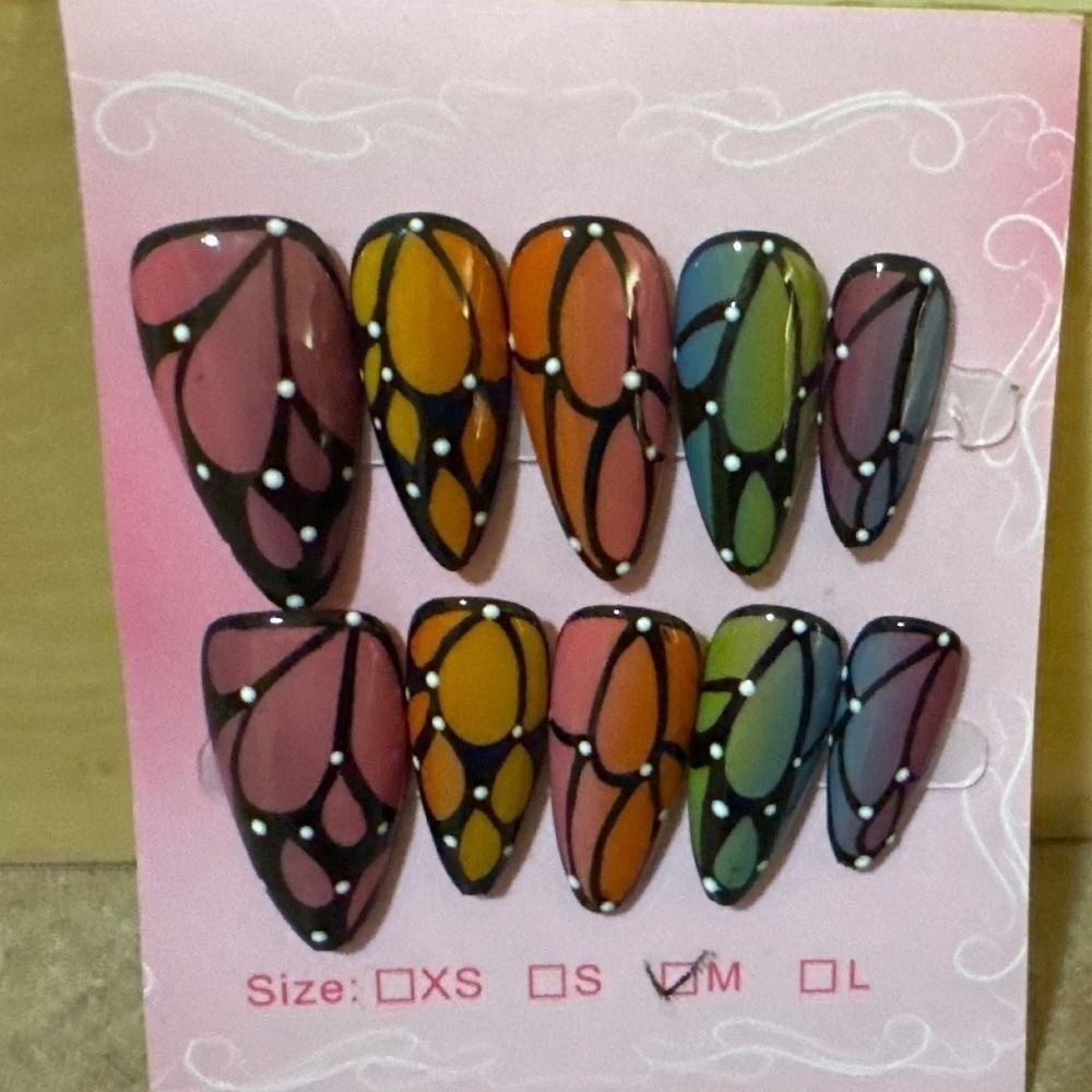 Stained Glass Butterfly Wing Press On Nails Almond Shape Size M Multi