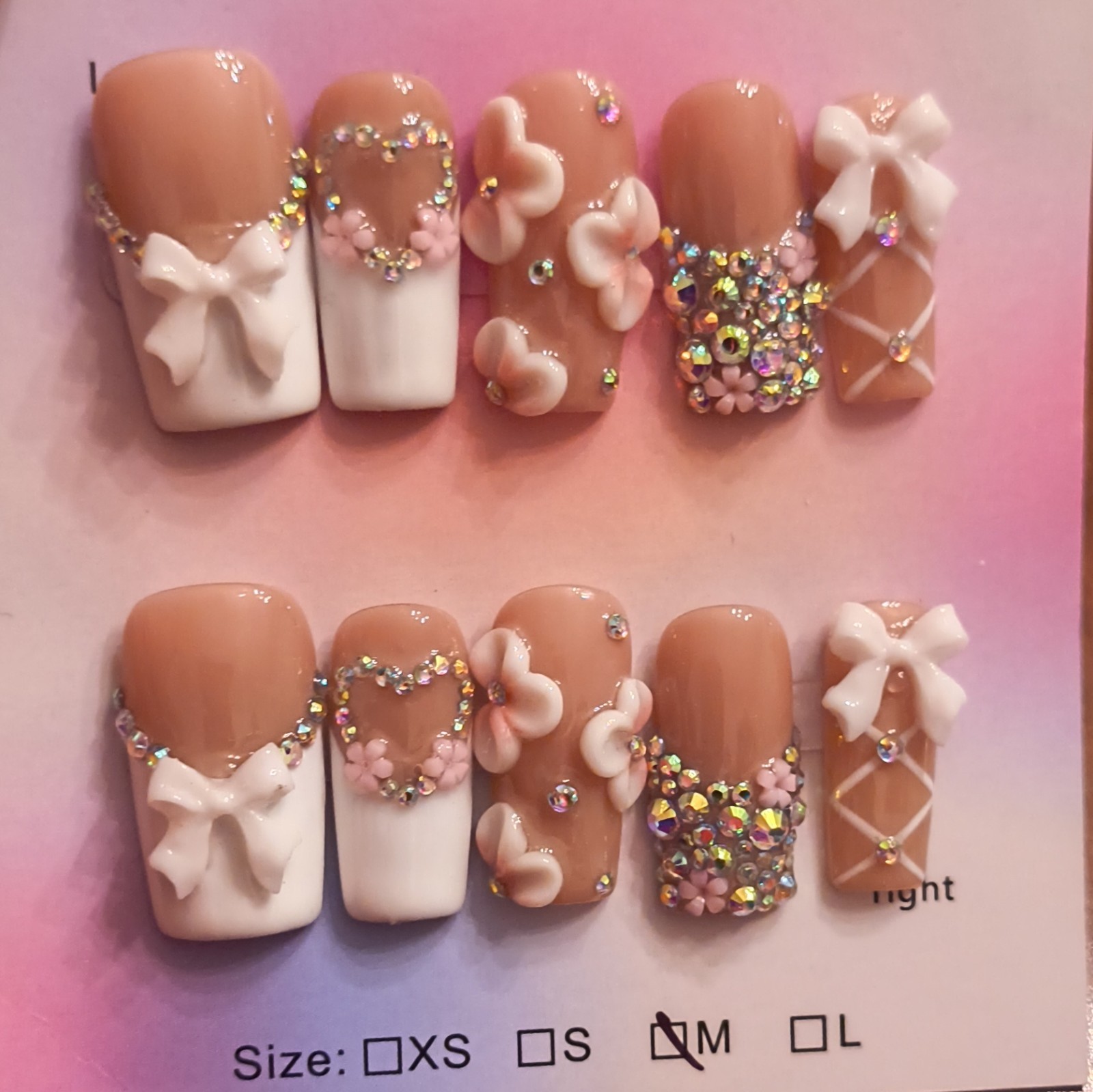 Press-On Nails Medium Square White French 3D Glitter Bow Full Cover