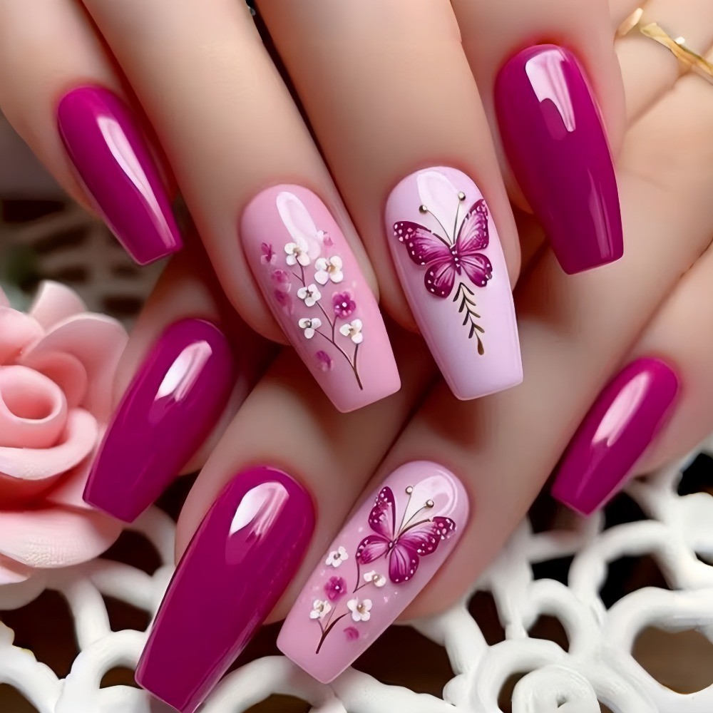 Floral Glossy, Long, Ballet-style, 24pcs Nail Tips, Detachable, Press-on Nails