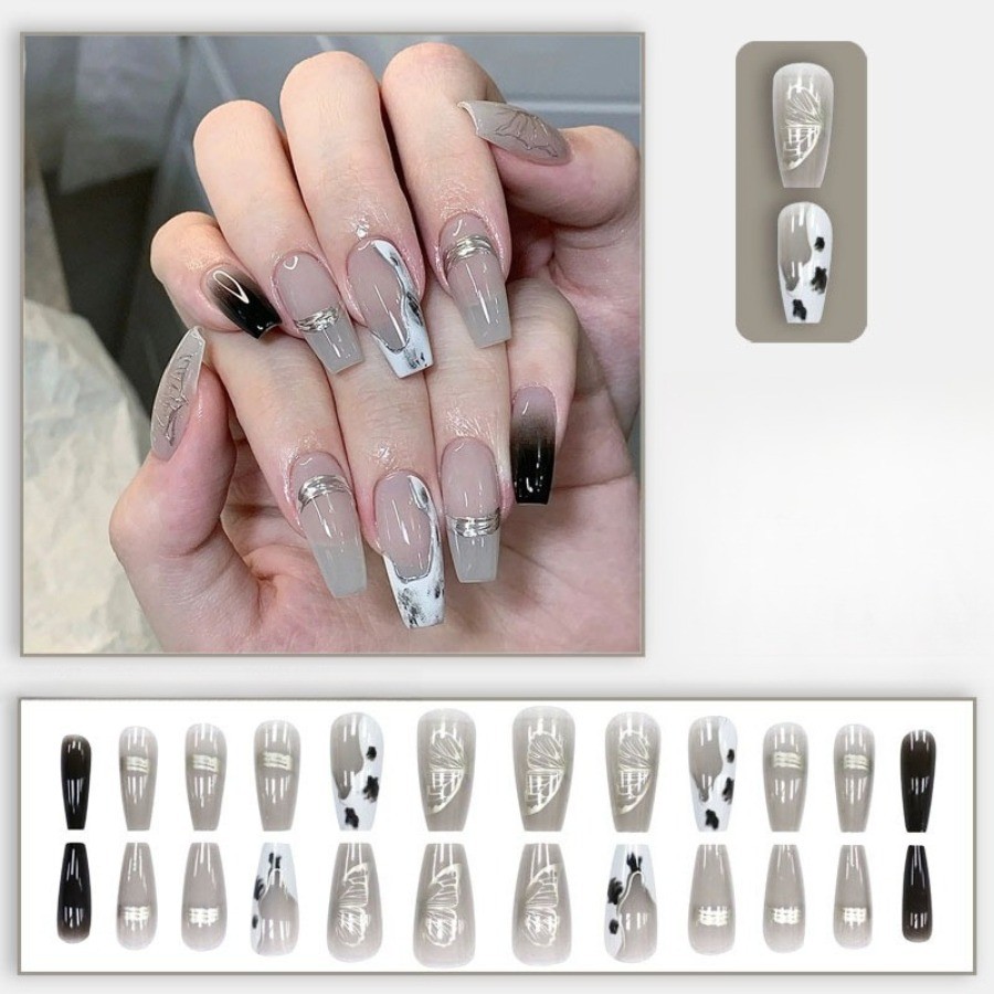 48Pcs Ink Wash Silver Line Coffin Press on Nails,Minimal Elegant Nude Fake Nails