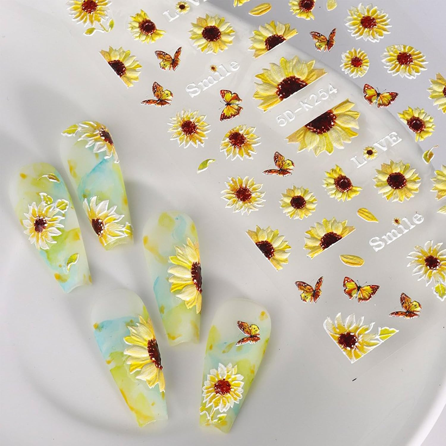 5D Embossed Sunflower Nail Art Stickers Self-Adhesive Flower Nail Decals Engrave