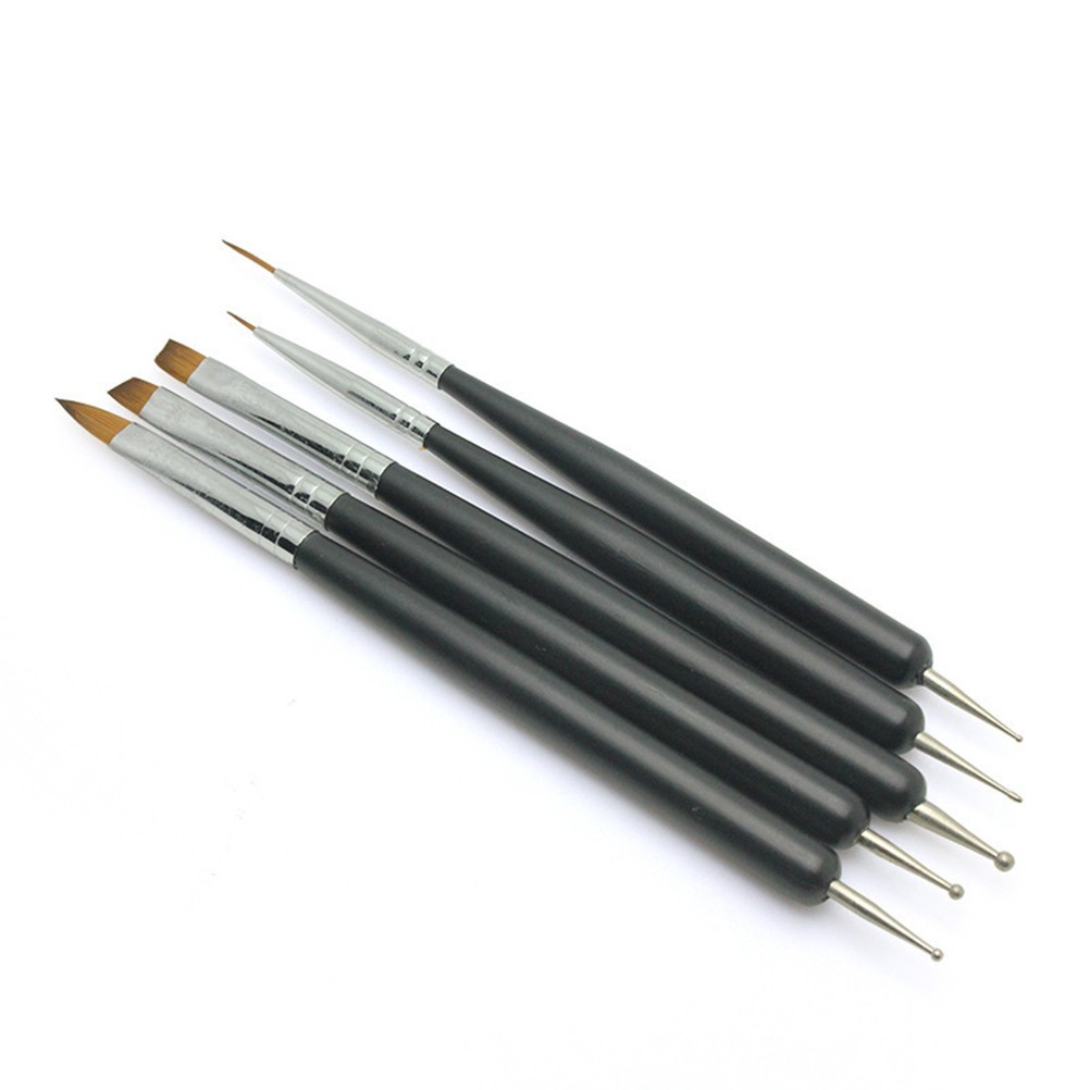 5Pcs Manicure Pen Set Double End Nail Brush and Carving Tip Black for Nail Art