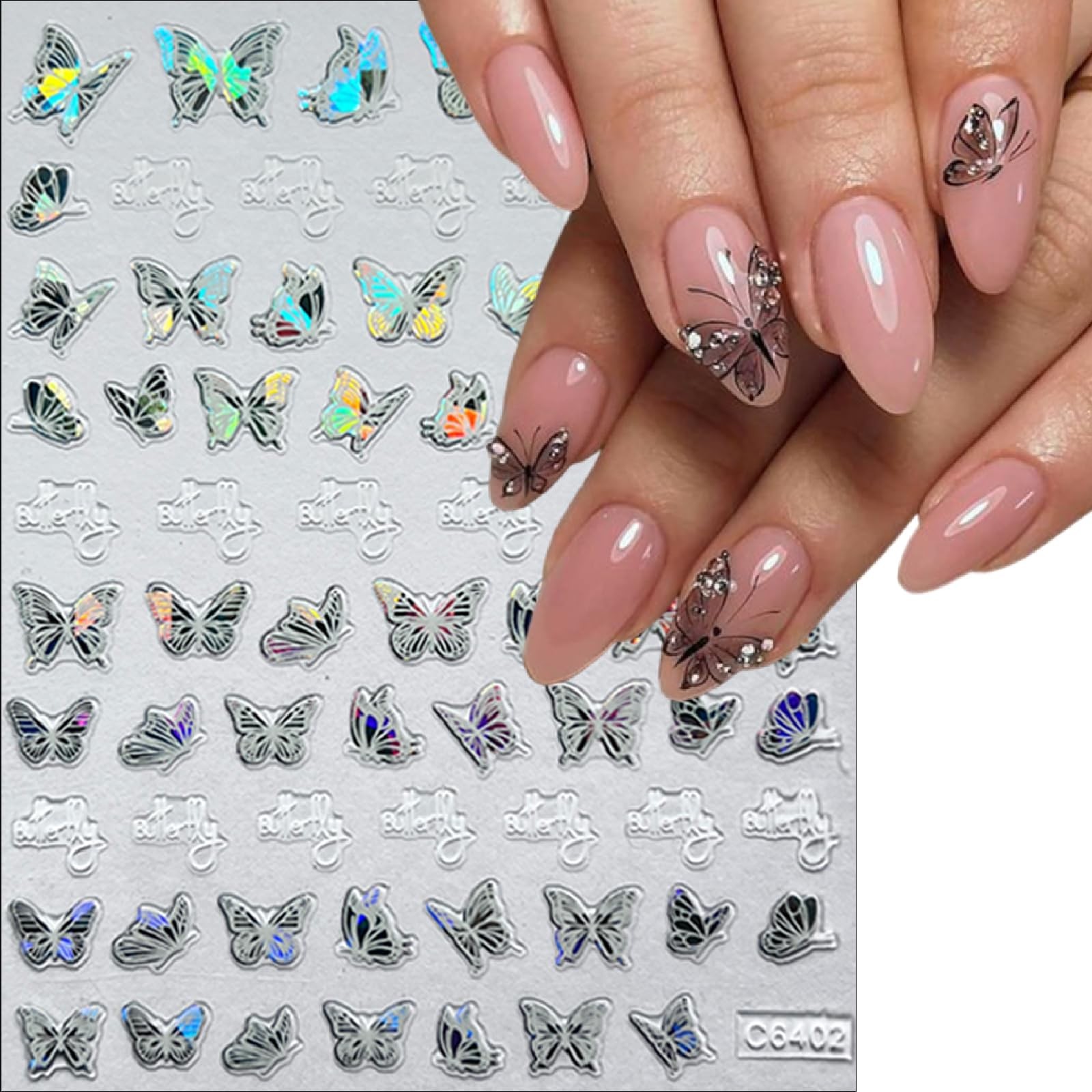 6 Sheets Shiny Aurora Butterfly Nail Art Sticker 3D -Adhesive Luxury White Fl…