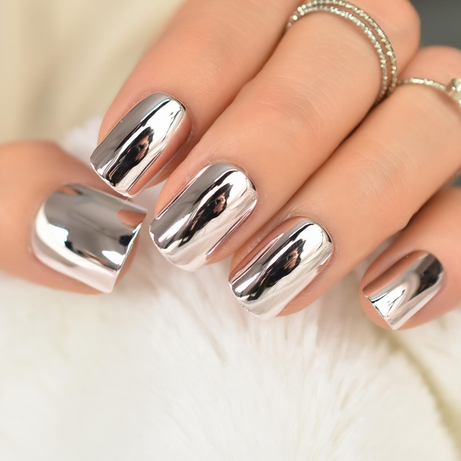 Mirror Soft Pink Metallic Press On Nails Short – Metal Punk Plated Acrylic Fa…