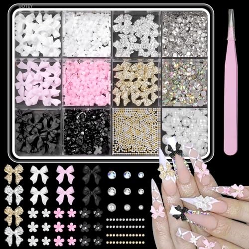 3D Bow Nail Charms and Gems, Pink Black Bows Flower Nail Art Charms Alloy Set-3