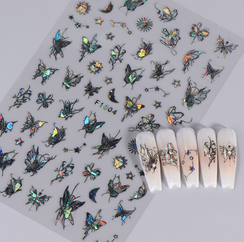 3 or 4Pcs Holographic Laser Pink Black Butterfly Star French Nail Stickers NS20