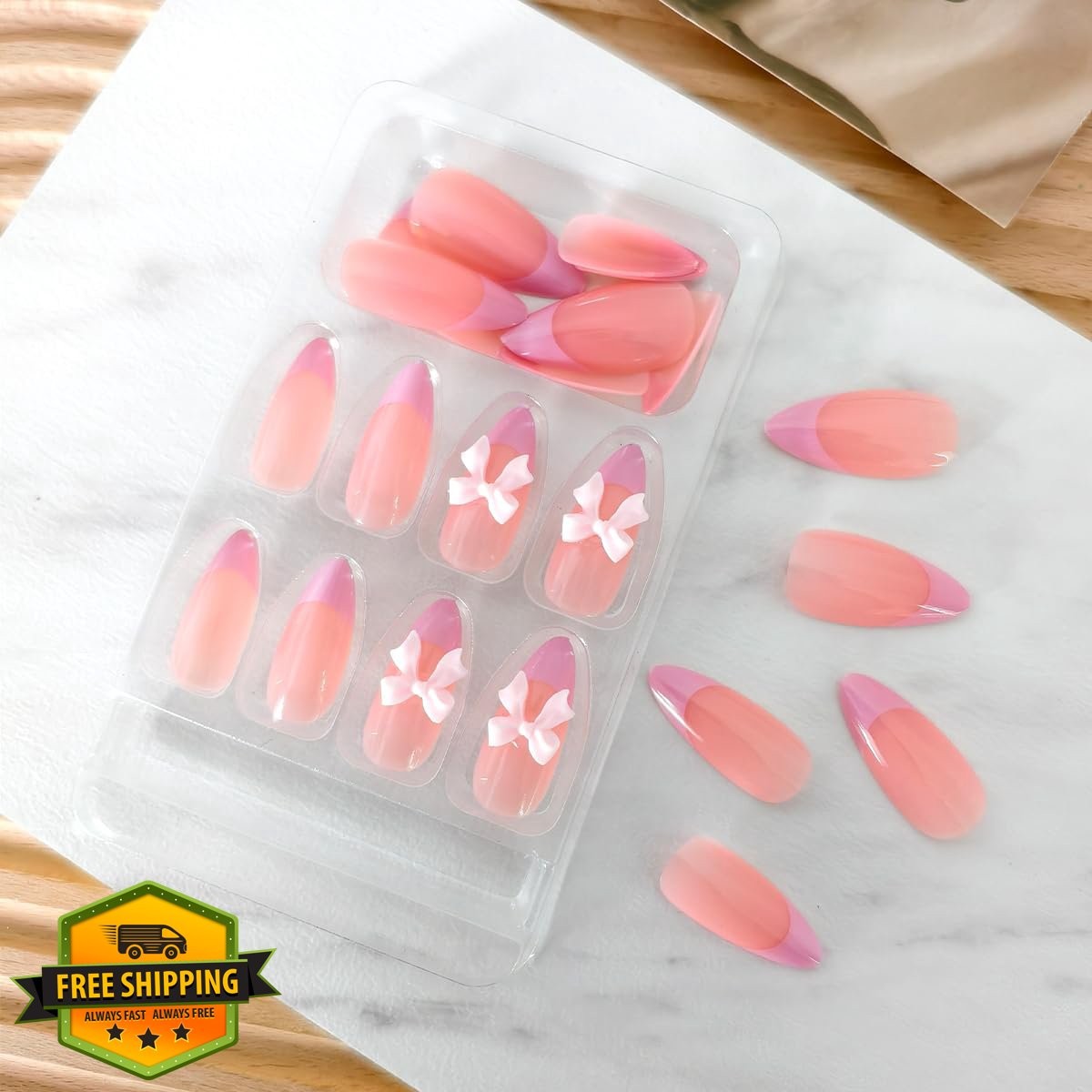 OSTTMA 24Pcs Pink French Tip Press on Nails Bow Medium
