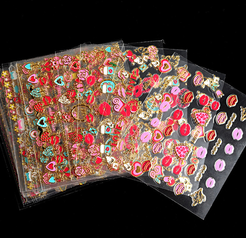 10PCS 3D Tip DIY Nail Art Stickers Gold Valentine Heart Love Red Lip Cake #13
