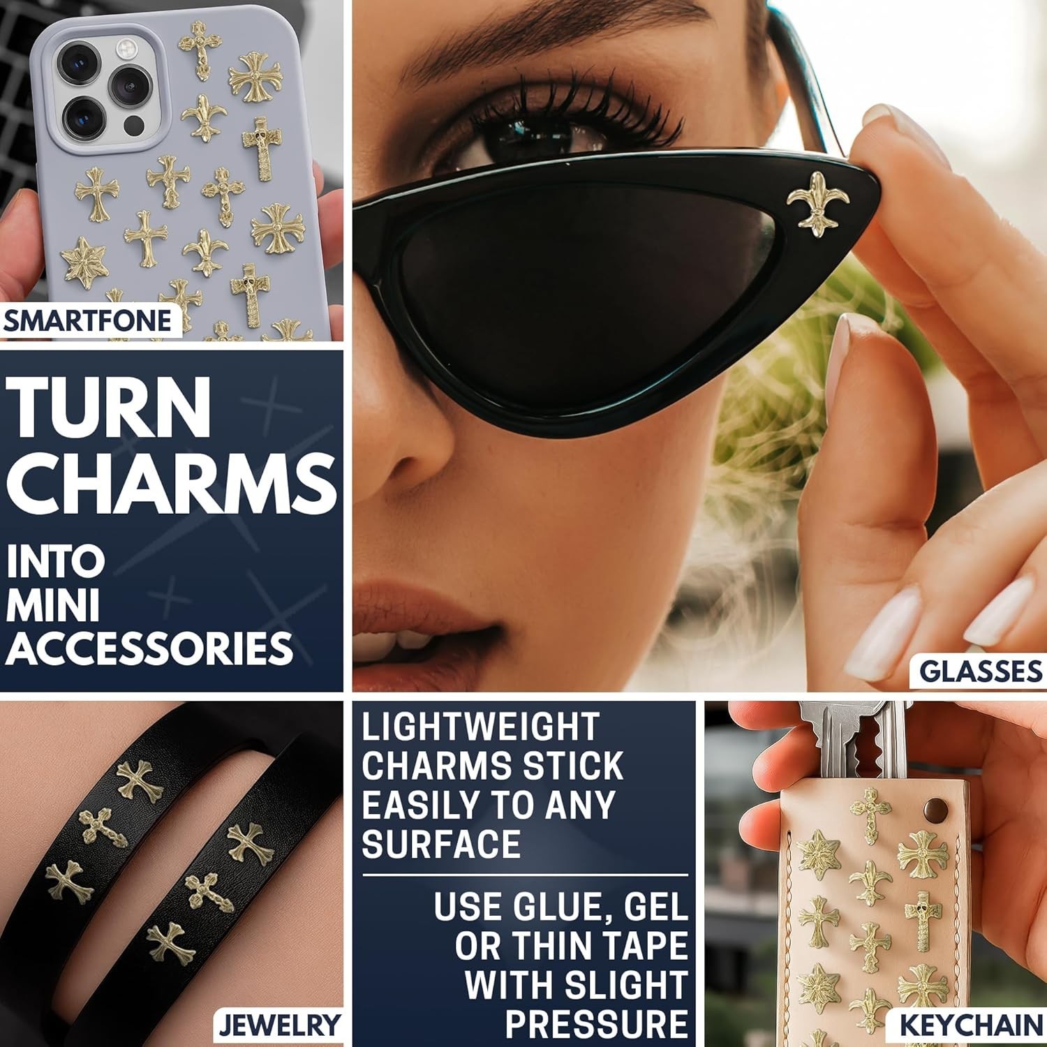 Gold Cross Nail Charms – 100 Pcs Set Gold Nail Charms and Gems in Acrylic & M…