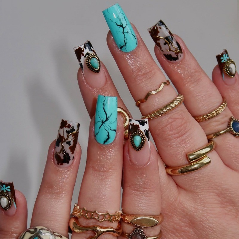 48 Pcs Turquoise Cow Print Gem Coffin Press on Nails, Western Trendy Fake Nails