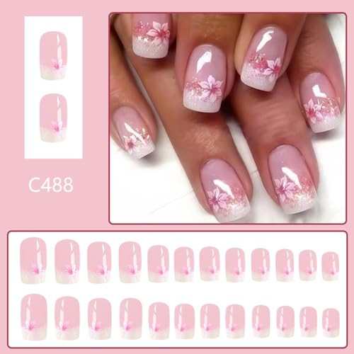 24Pcs White French Tip Press on Nails Short Square Fake Nails Pink Flower W14