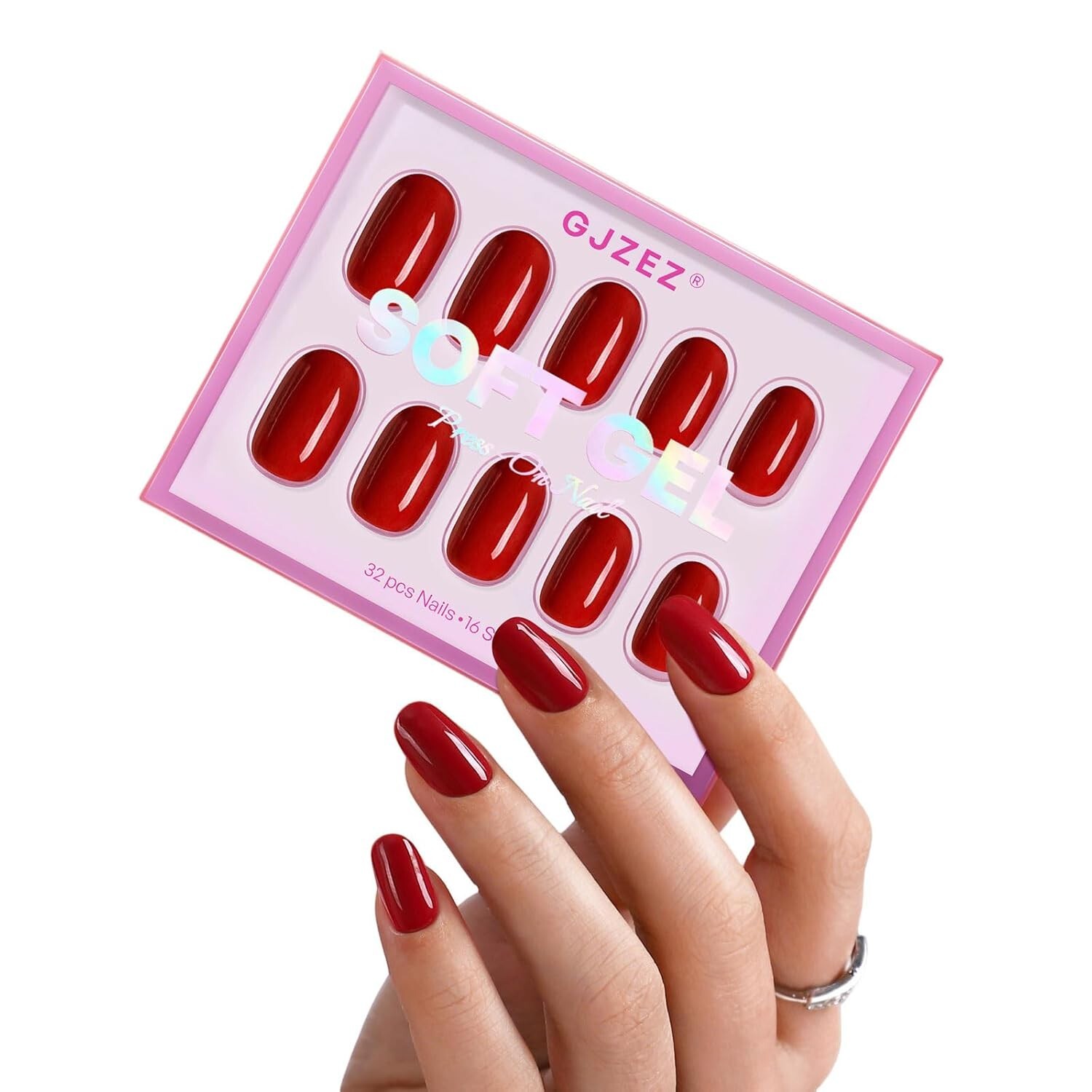 Short Press on Nails Dark Red – GJZEZ Soft Gel Round Glue on Fake Nails, Natural