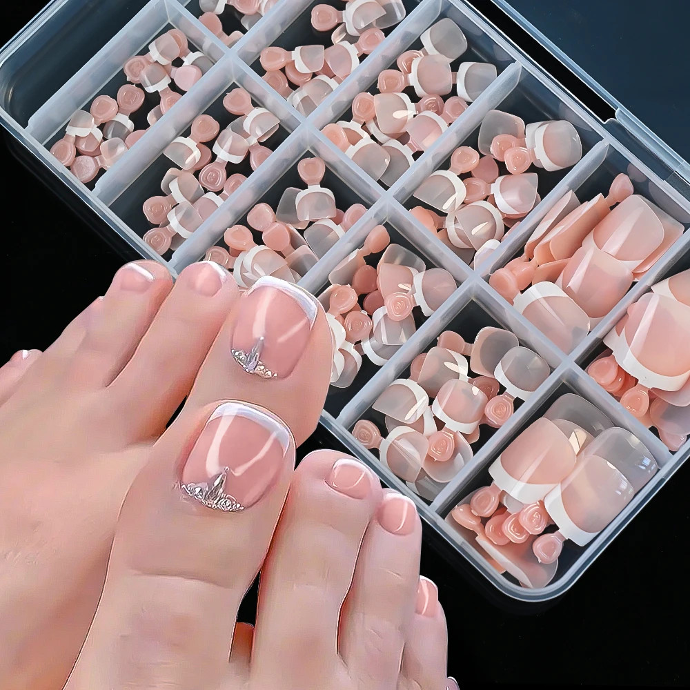 120pcs Press On Toenails Pink French Tip Short Square Glossy Finish False Foot