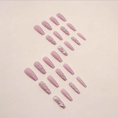 Coffin Press on Nails Long, Pink Fake Nails Acrylic Crystal False Nails 9