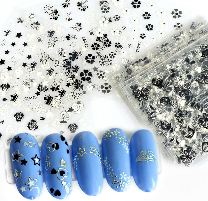 Nail Art Black White Foil Stickers Love Heart Flower Butterfly Back Glue 30 Pcs