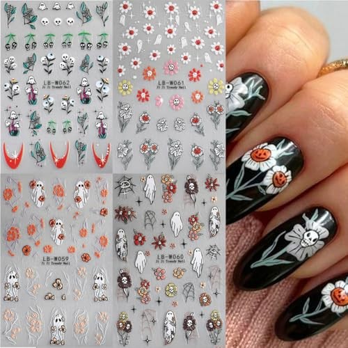 4 Sheets Cute Ghost Nail Art Stickers and Halloween Flower Nail Stickers-7