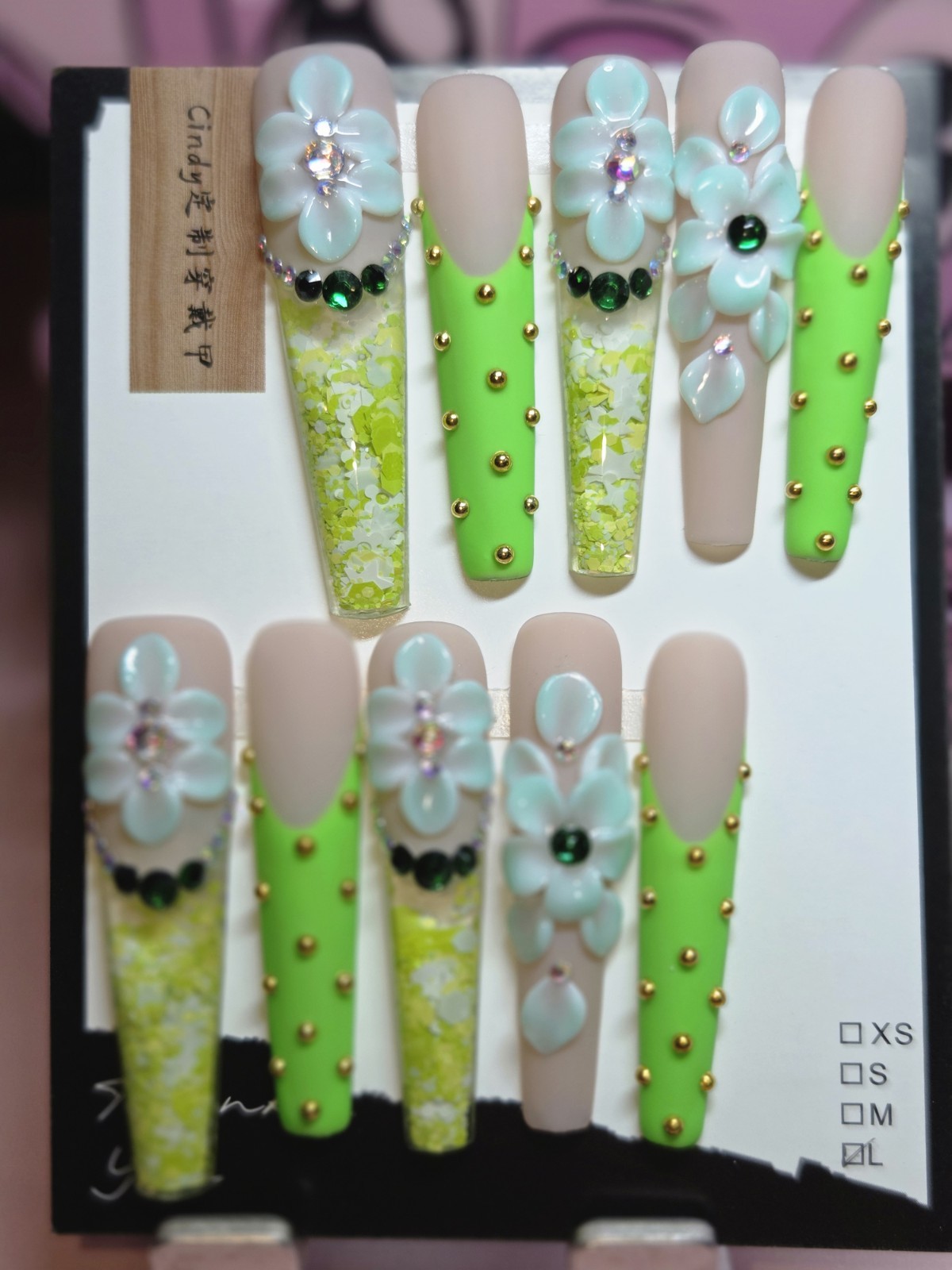 Press On Nails Handmade Large 2xl French Tip Neon Green Matte, Water Aqua Nail