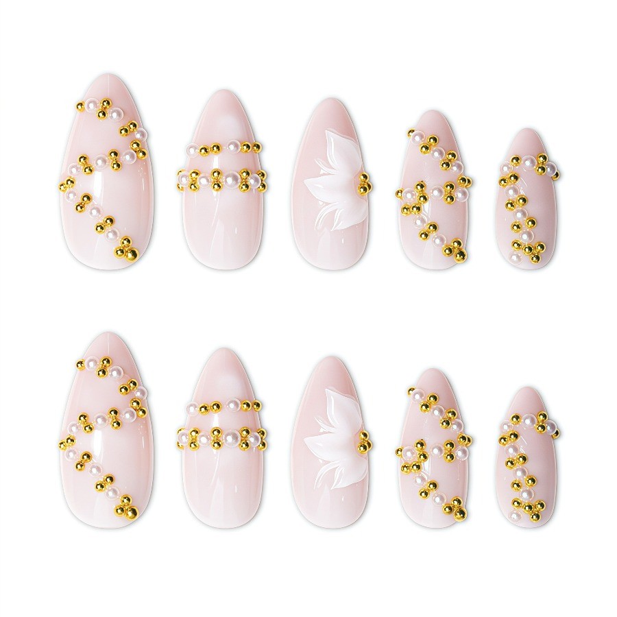 48Pcs-Long Almond Nude White Flower Pearl Gold Bead Press On Nails Set