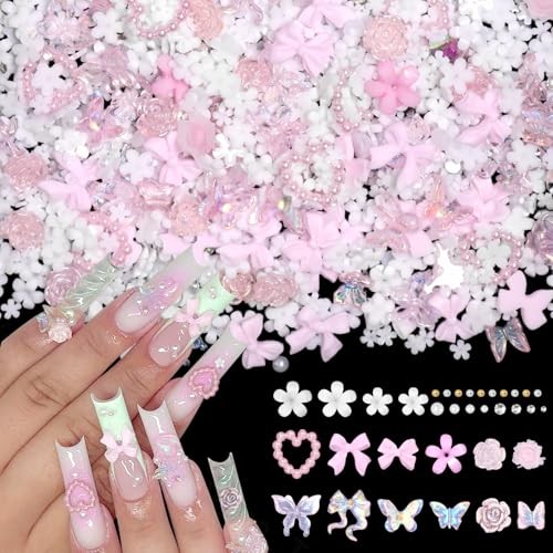 1000 Pcs White Flower Nail Charms, 3D Tiny Flowers Charms Set 3-White & Pink
