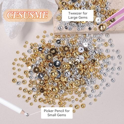 Silver Gold Flatback Pearls for Crafting, 6 Sizes (2-8 mm), 12 Grids, color-S3