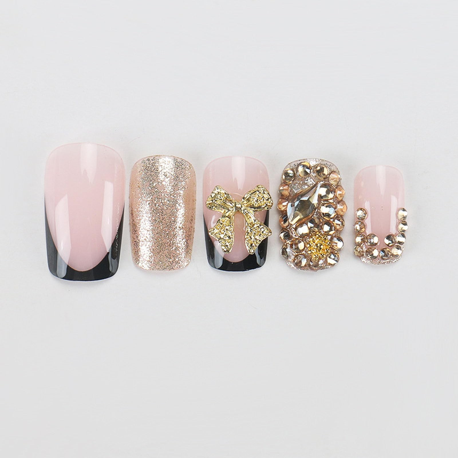 French Tip Press on Nails Mesium Suqare Fake Nails with 3D Bow Glitter Rhines…