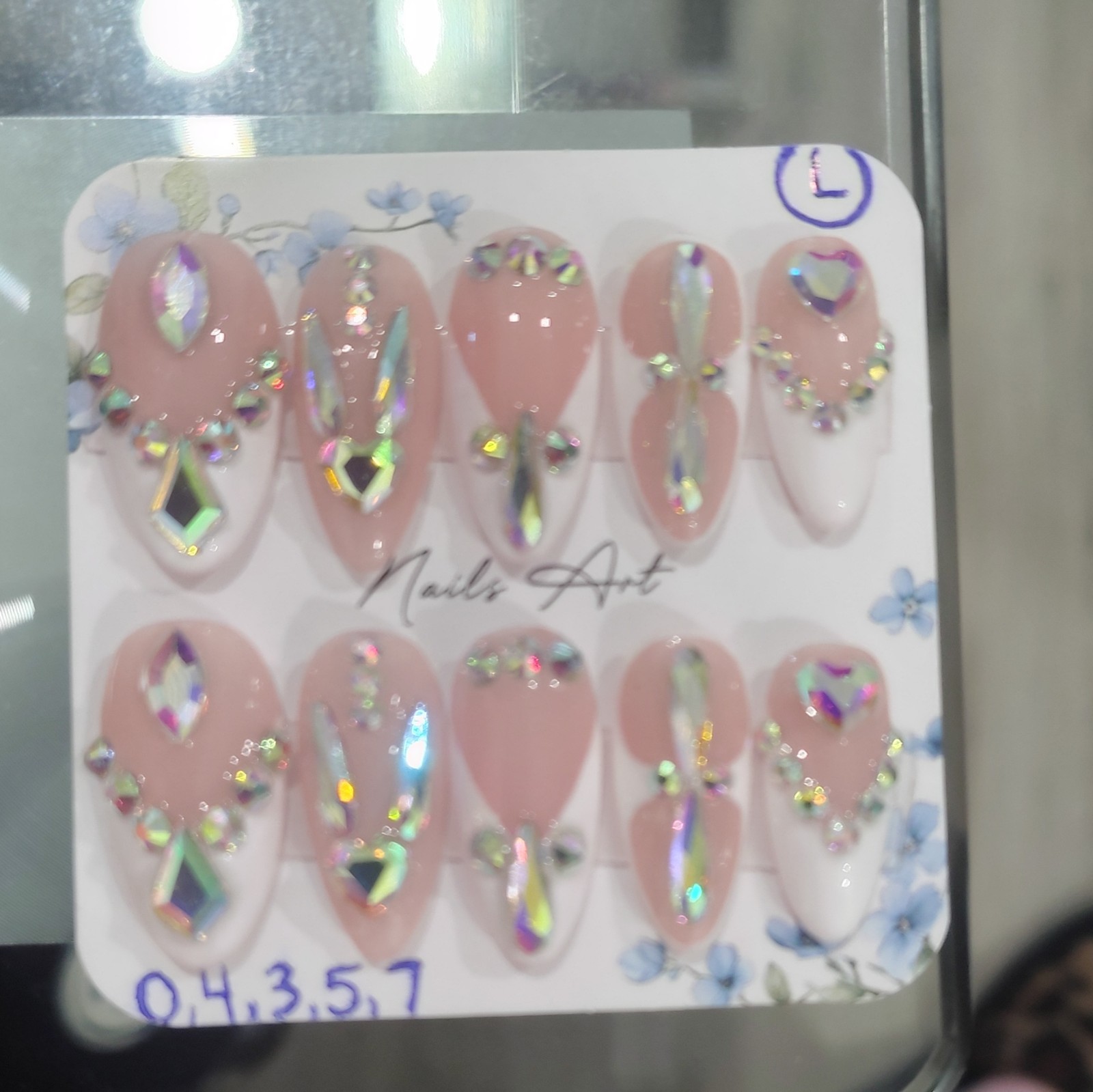 3D Rhinestone Press-On Nails Pink White Long Almond Full Cover Size Large