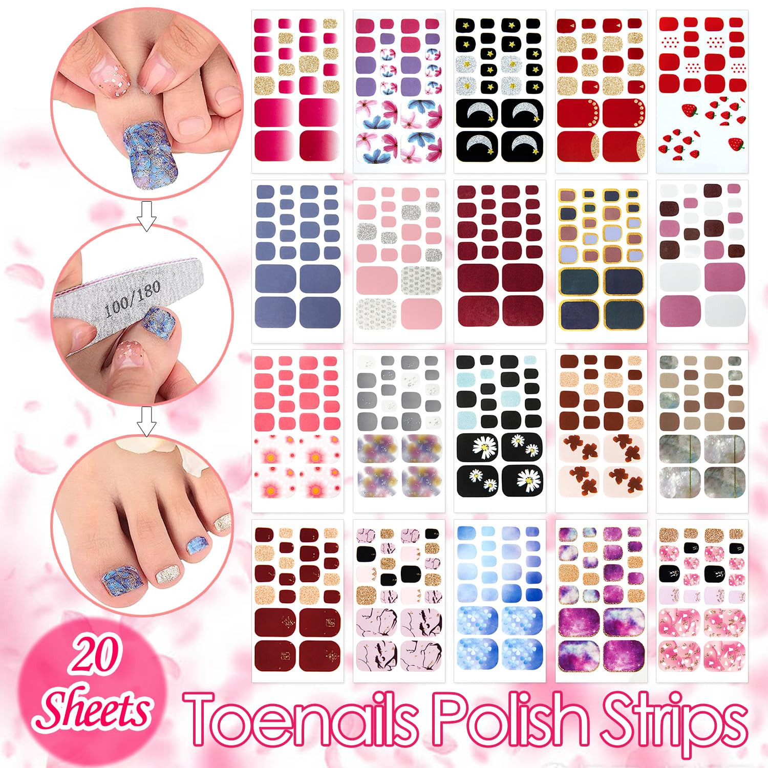 20 Sheets Adhesive Toenail Polish Wraps Stickers Flower Marbling Toe Nail Strips