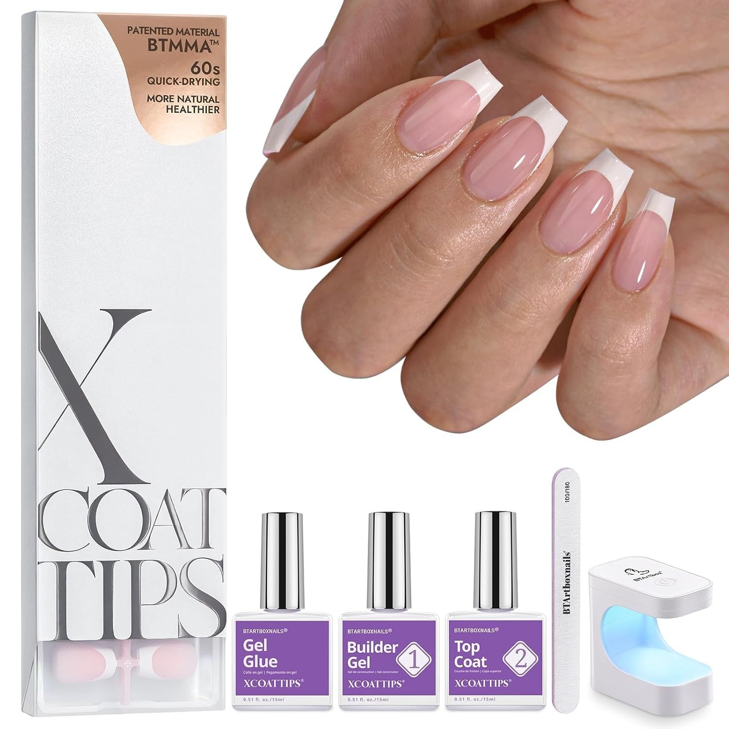 French Tip Press On Nails – Short Coffin Gel Kit, Salon Quality