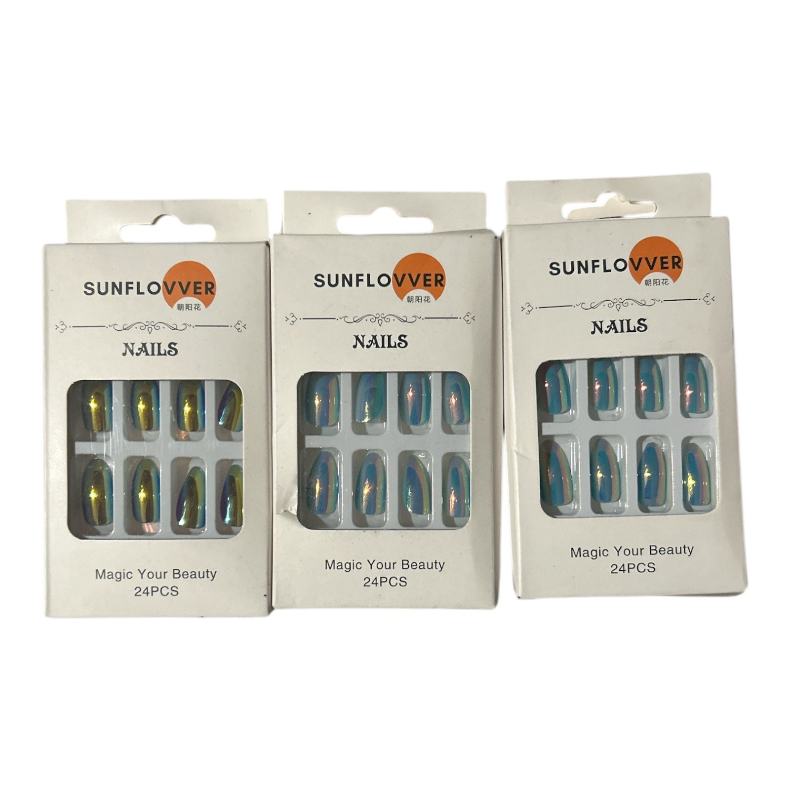 SUNFLOVVER Iridescent Fake Nails | Lot of 3 Packs Trendy Nail Art Designs