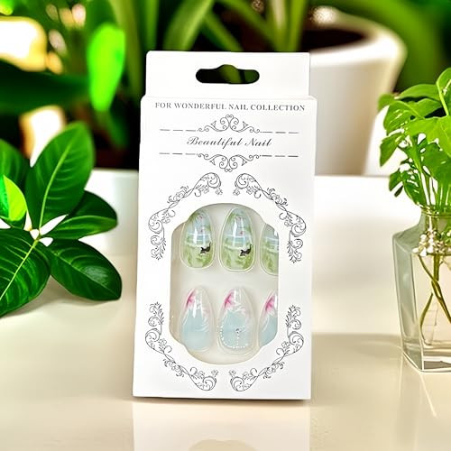 24Pcs Flower Press on Nails Medium Almond Fake Nails Colorful Spring Summer