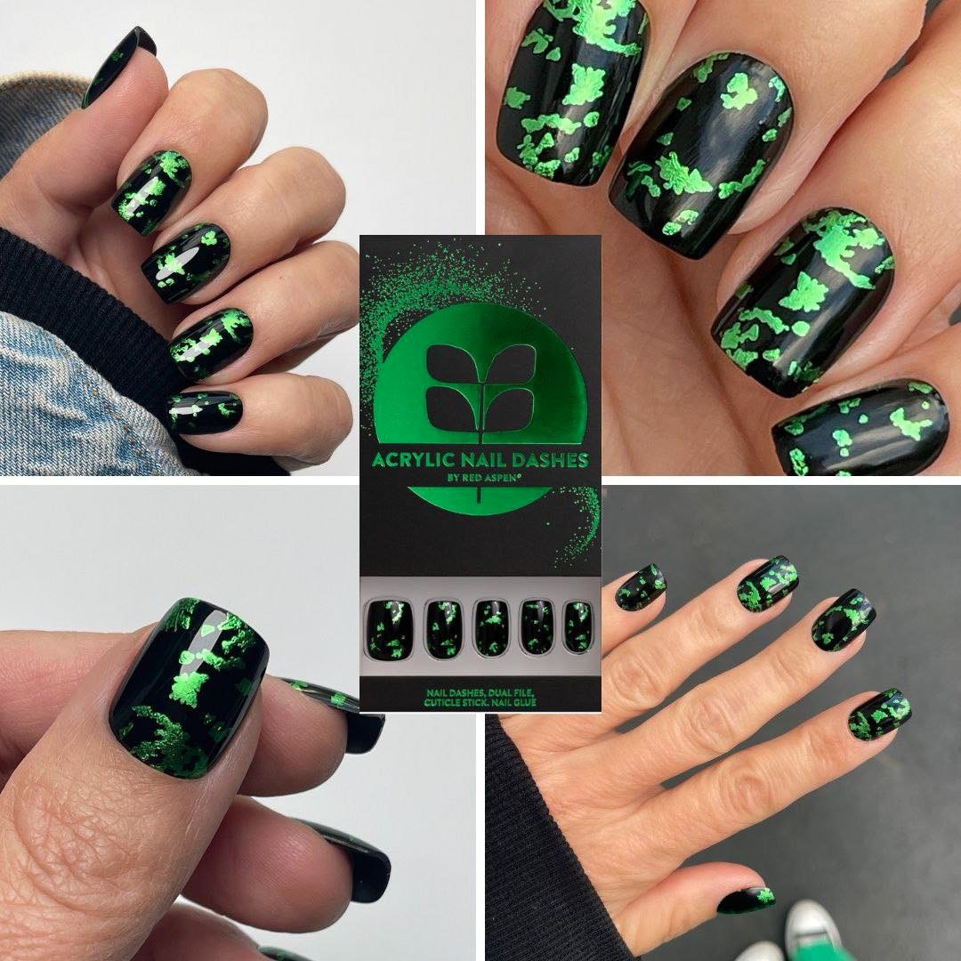 RED ASpen Press ON Nails- Confident-Short Squoval Black Green Foil Design