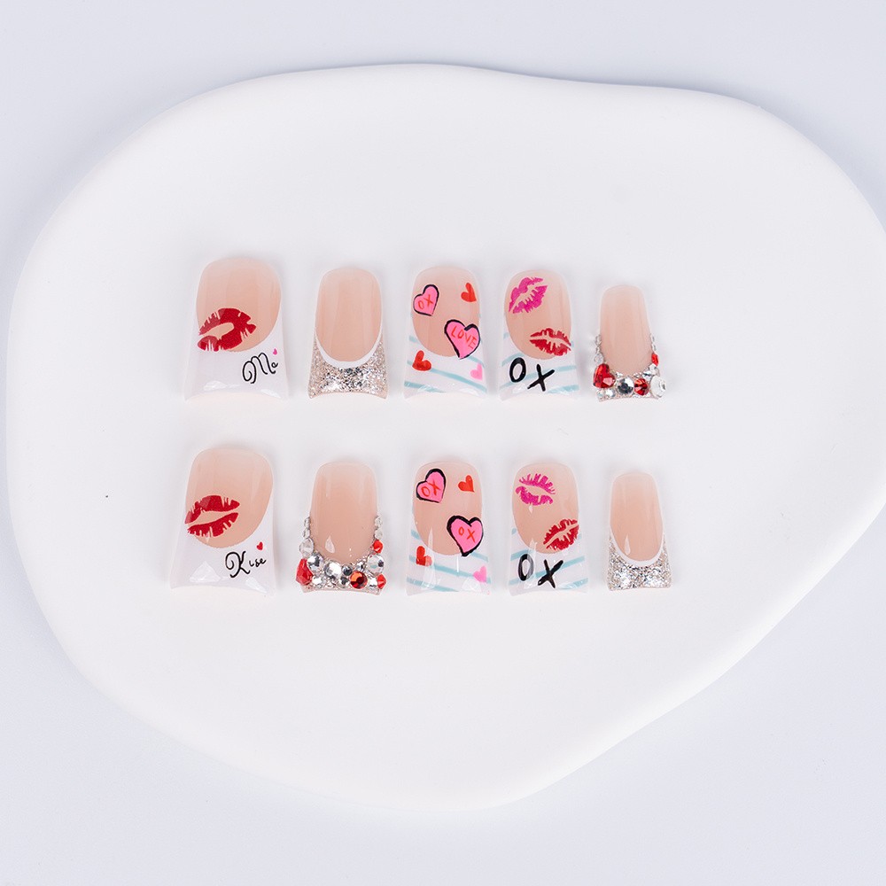 10pcs Handmade High Quality Valentine’s Press-On Nails Red Lip Heart Fake Nails