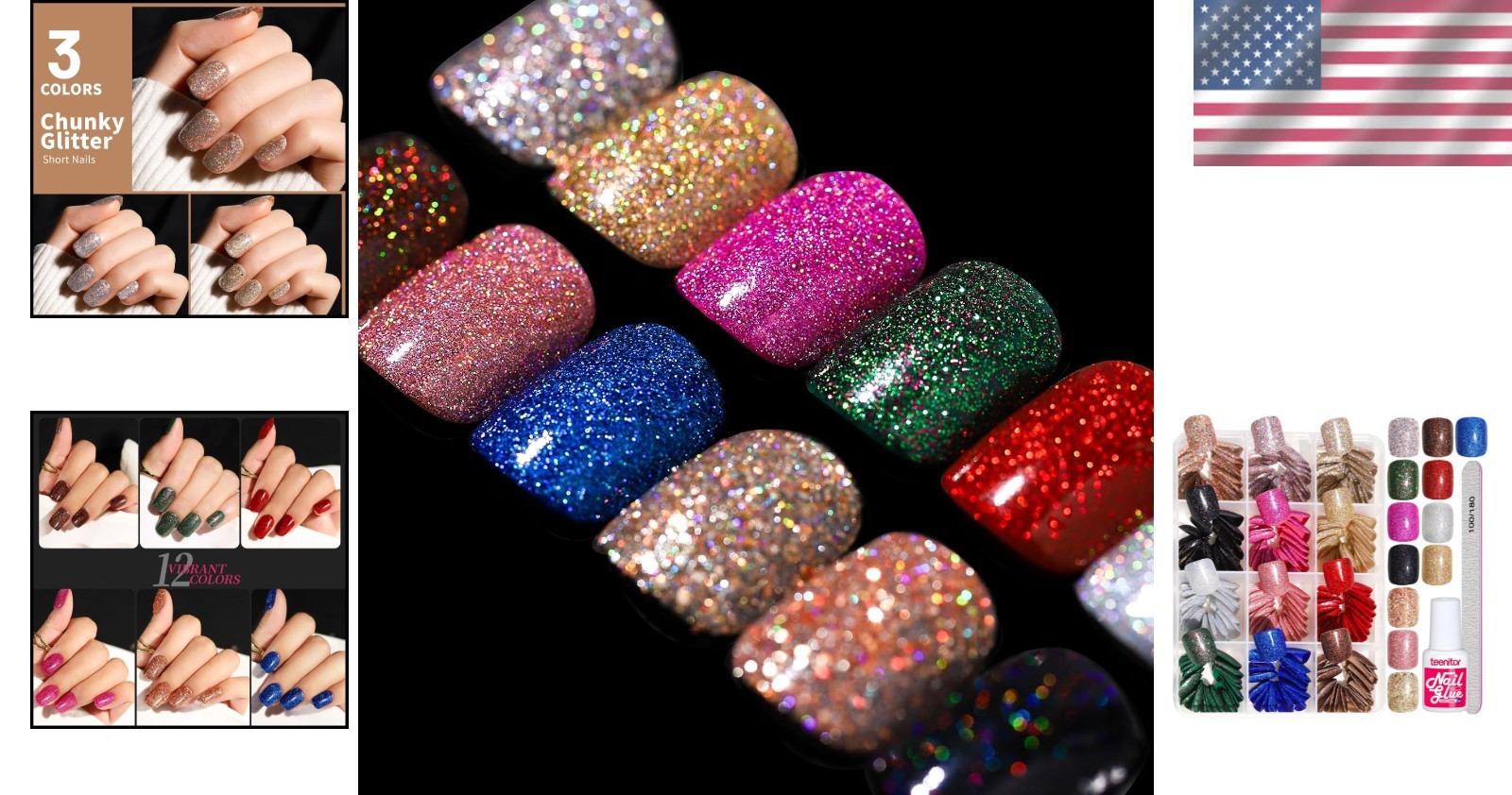 Glitter Short Square False Nails 288 Pieces with Nail Glue and File for Styling