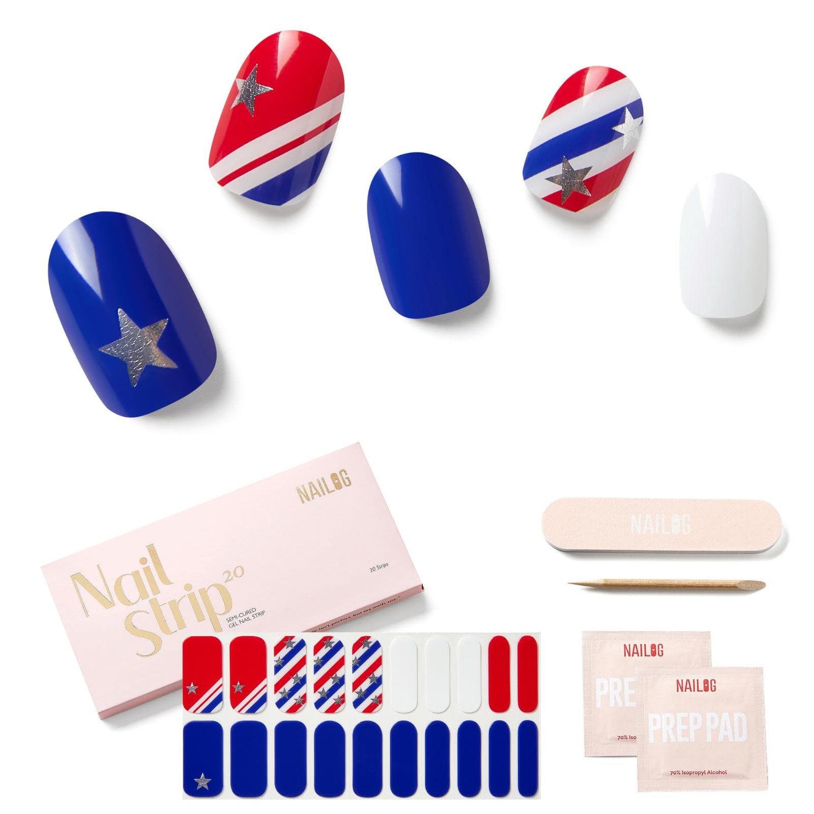July 4 Semi Cured Gel Nail Strips – 20 Pcs Nail Stickers Extra Long Wraps wit…