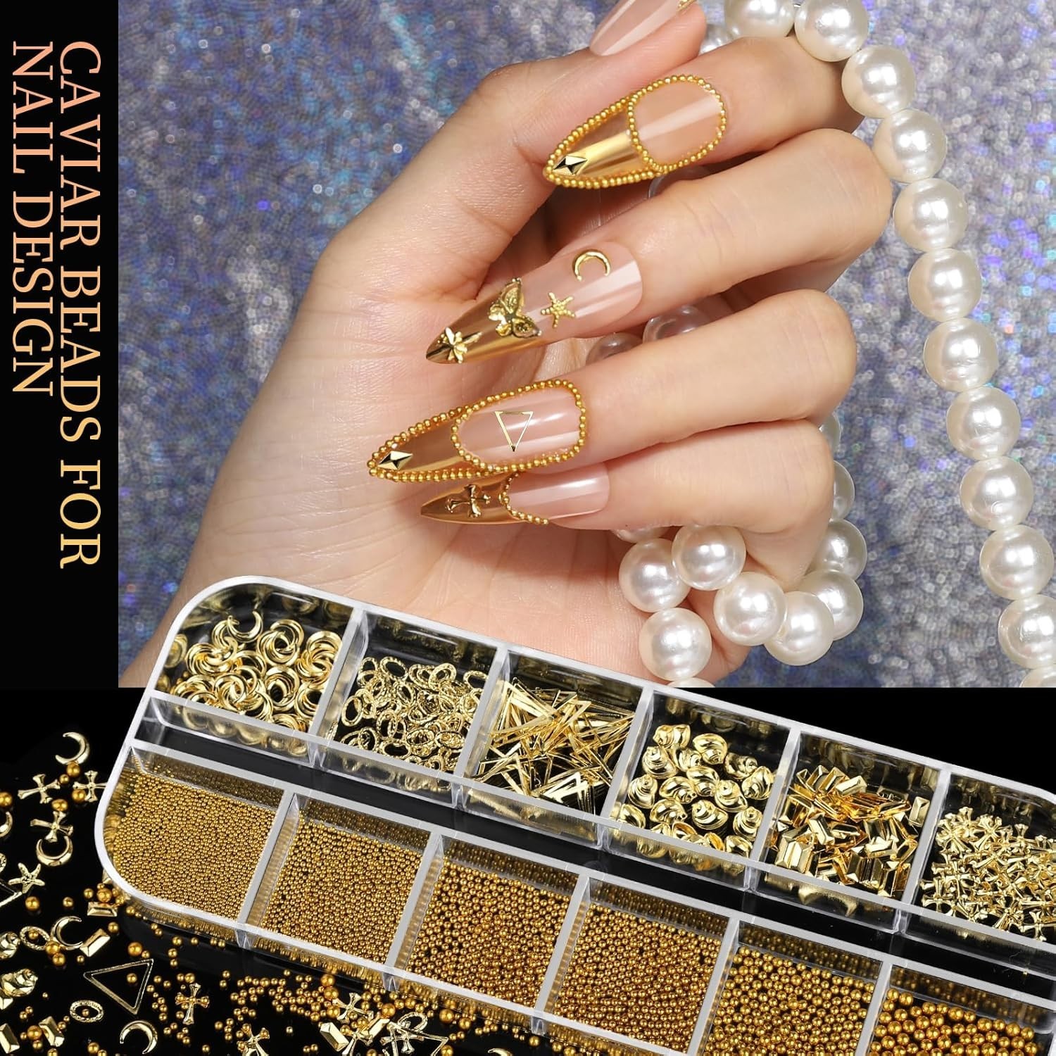Nail Art Gems Charms Kit Gold Nails Supplies 4 Boxes 3D Rhinestones Pearls